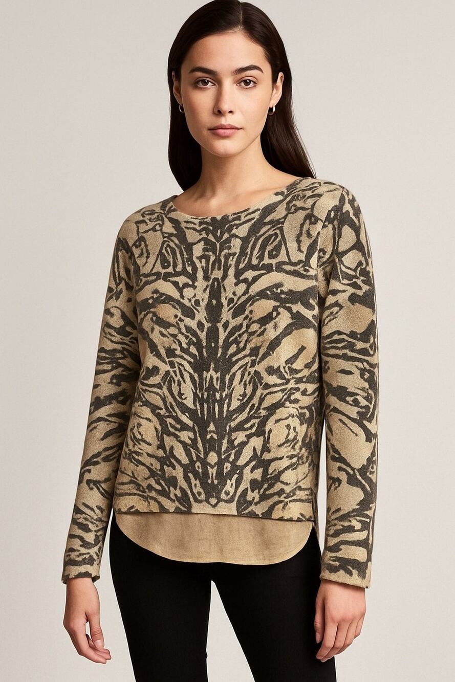 Sally LaPointe Beige Gray Abstract Jacquard Sweater Top Size 2 — Silk Trim Hem